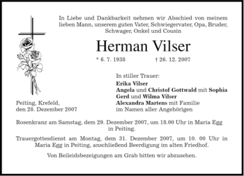 Todesanzeige von Hermann Vilser von MERKUR & TZ