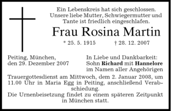 Todesanzeige von Rosina Martin von MERKUR & TZ