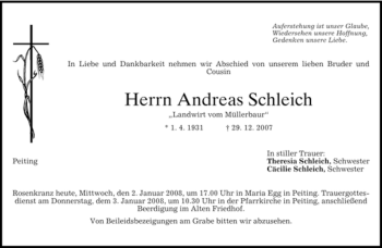 Todesanzeige von Andreas Schleich von MERKUR & TZ