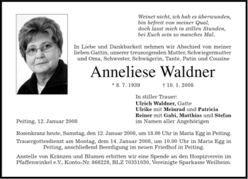 Todesanzeige von Anneliese Waldner von MERKUR & TZ