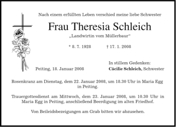 Todesanzeige von Theresia Schleich von MERKUR & TZ