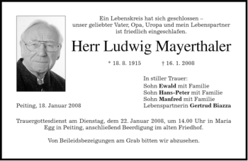 Todesanzeige von Ludwig Mayerthaler von MERKUR & TZ