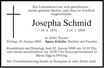 Todesanzeige von Josepha Schmid von MERKUR & TZ