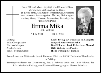 Todesanzeige von Emma Mika von MERKUR & TZ