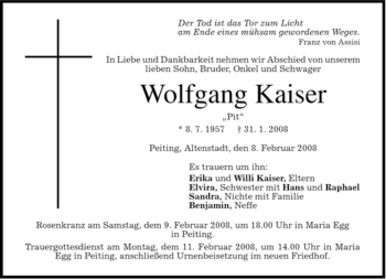 Todesanzeige von Wolfgang Kaiser von MERKUR & TZ