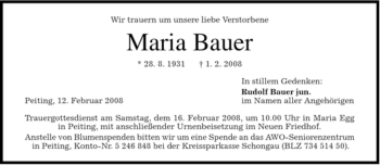 Todesanzeige von Maria Bauer von MERKUR & TZ