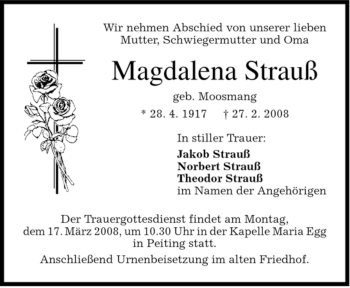 Todesanzeige von Magdalena Strauß von MERKUR & TZ