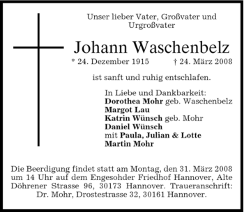 Todesanzeige von Johann Waschenbelz von MERKUR & TZ