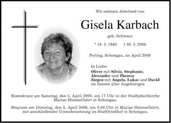 Todesanzeige von Gisela Karbach von MERKUR & TZ