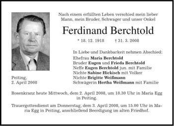 Todesanzeige von Ferdinand Berchtold von MERKUR & TZ