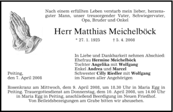 Todesanzeige von Matthias Meichelböck von MERKUR & TZ