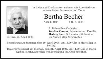 Todesanzeige von Bertha Becher von MERKUR & TZ