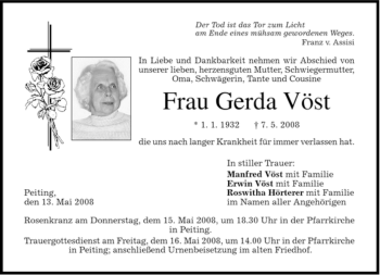 Todesanzeige von Gerda Vöst von MERKUR & TZ