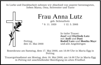 Todesanzeige von Anna Lutz von MERKUR & TZ