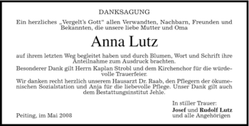 Todesanzeige von Anna Lutz von MERKUR & TZ