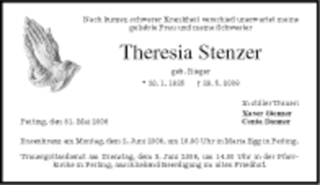 Todesanzeige von Theresia Stenzer von MERKUR & TZ