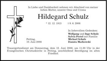 Todesanzeige von Hildegard Schulz von MERKUR & TZ