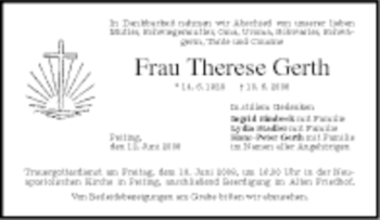 Todesanzeige von Therese Gerth von MERKUR & TZ