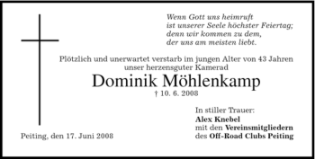 Todesanzeige von Dominik Möhlenkamp von MERKUR & TZ