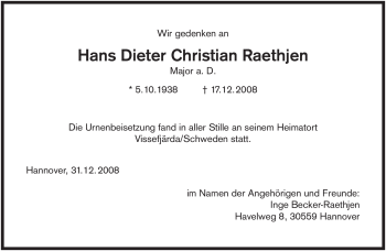 Todesanzeige von Hans Dieter Christian Raethjen von MERKUR & TZ