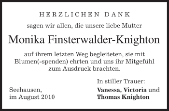 Todesanzeige von Monika Finsterwalder-Knighton von MERKUR & TZ