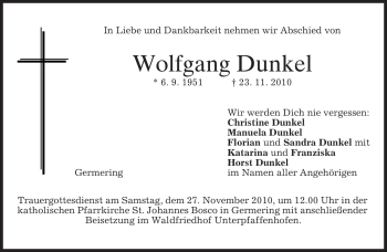 Todesanzeige von Wolfgang Dunkel von MERKUR & TZ