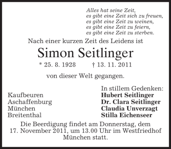 Todesanzeige von Simon Seitlinger von MERKUR & TZ