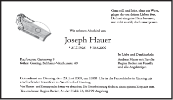 Todesanzeige von Joseph Hauer von MERKUR & TZ