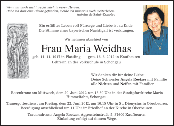 Todesanzeige von Maria Weidhas von MERKUR & TZ