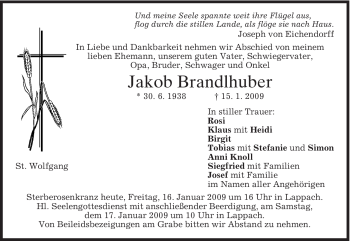 Todesanzeige von Jakob Brandlhuber von MERKUR & TZ