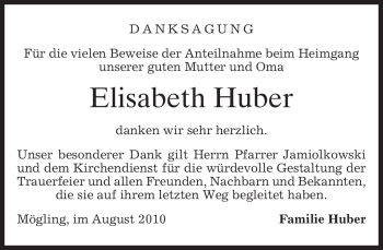 Todesanzeige von Elisabeth Huber von MERKUR & TZ