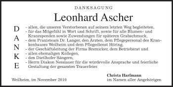 Todesanzeige von Leonhard Ascher von MERKUR & TZ