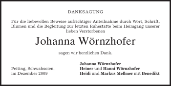 Todesanzeige von Johanna Wörnzhofer von MERKUR & TZ