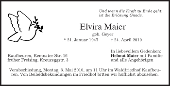 Todesanzeige von Elvira Maier von MERKUR & TZ