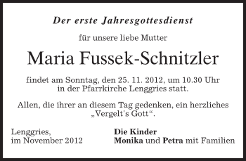 Todesanzeige von Maria Fussek-Schnitzler von merkurtz