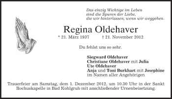 Todesanzeige von Regina Oldehaver von merkurtz