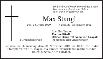 Todesanzeige von Max Stangl von merkurtz