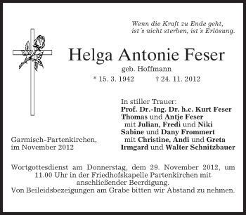 Todesanzeige von Helga Antonie Feser von merkurtz