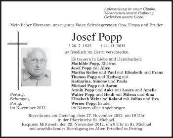 Todesanzeige von Josef Popp von merkurtz