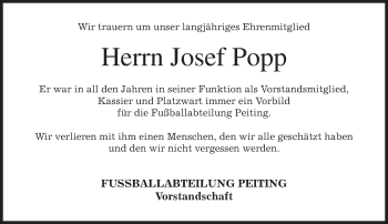 Todesanzeige von Josef Popp von merkurtz