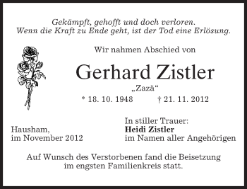 Todesanzeige von Gerhard Zistler von merkurtz