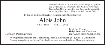 Todesanzeige von Alois John von merkurtz