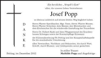 Todesanzeige von Josef Popp von merkurtz