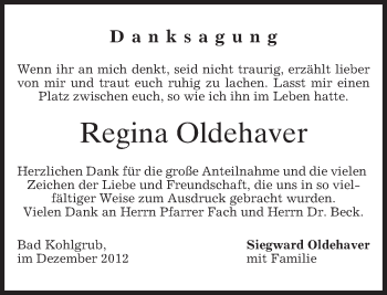 Todesanzeige von Regina Oldehaver von merkurtz