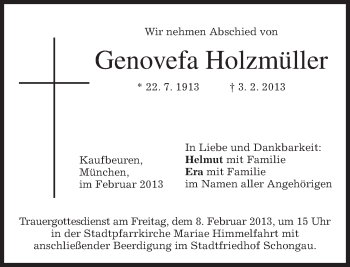 Todesanzeige von Genovefa Holzmüller von merkurtz