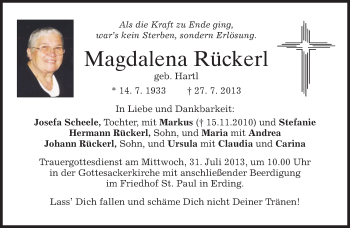 Todesanzeige von Magdalena Rückerl von merkurtz