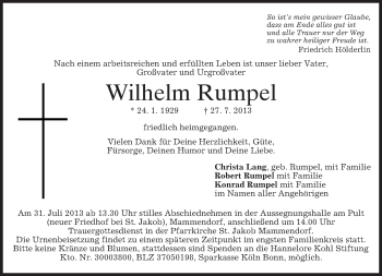 Todesanzeige von Wilhelm Rumpel von merkurtz
