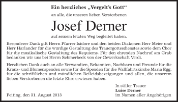 Todesanzeige von Josef Derner von merkurtz