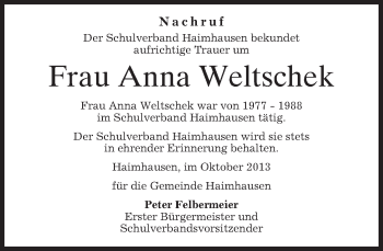 Todesanzeige von Anna Weltschek von merkurtz