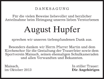 Todesanzeige von August Hupfer von merkurtz